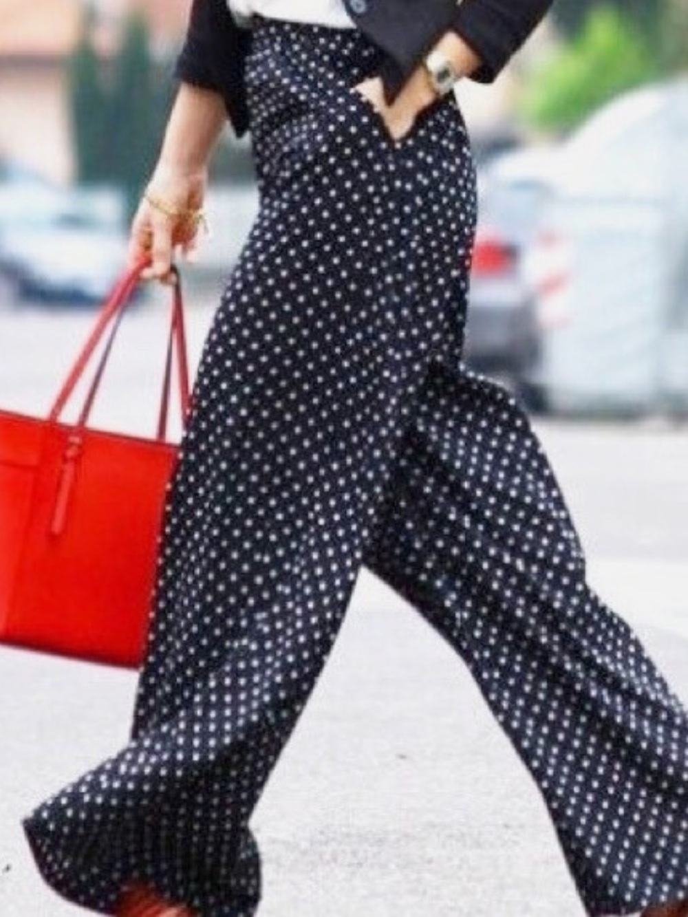Zara Black high rise Maxi pants with White Polka Dots dark navy blue almost blac